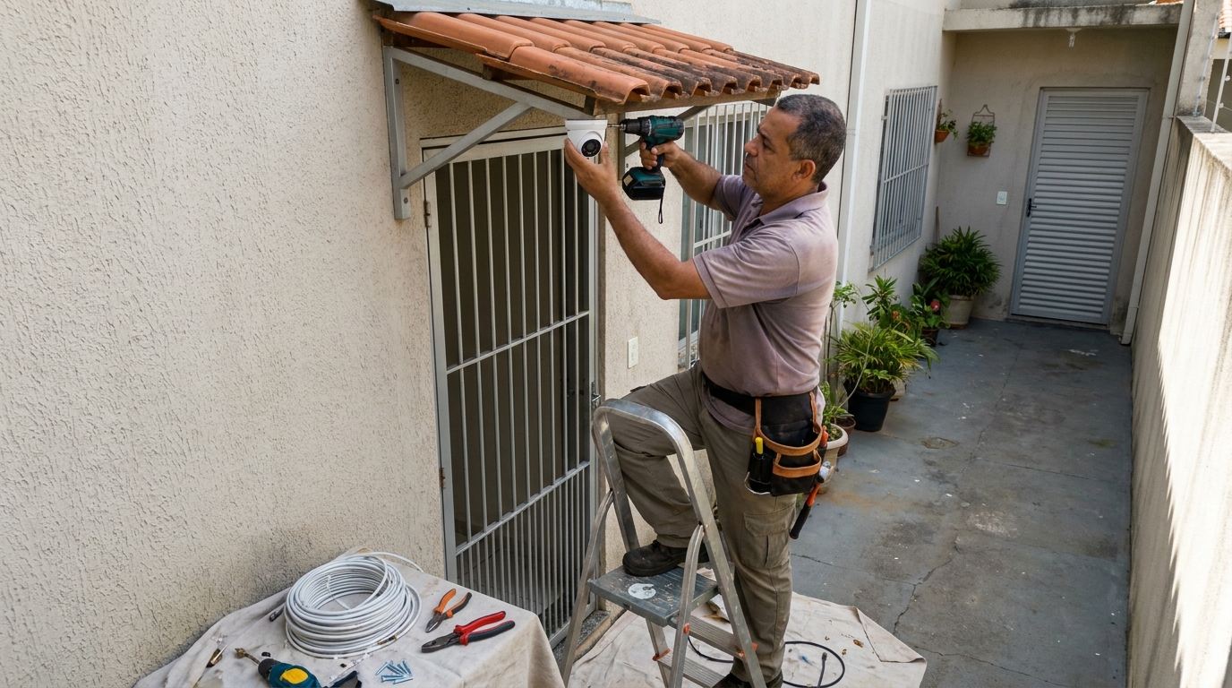 Eletricista instalando cameras de seguranca em Presidente Prudente‑SP